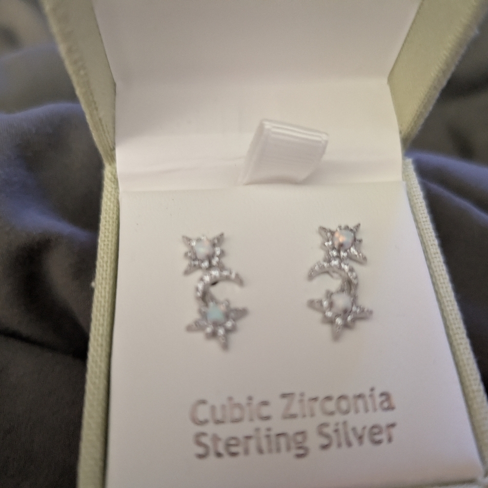 Sterling Silver Star and Moon Earrings with Cubic Zirconia and Opal